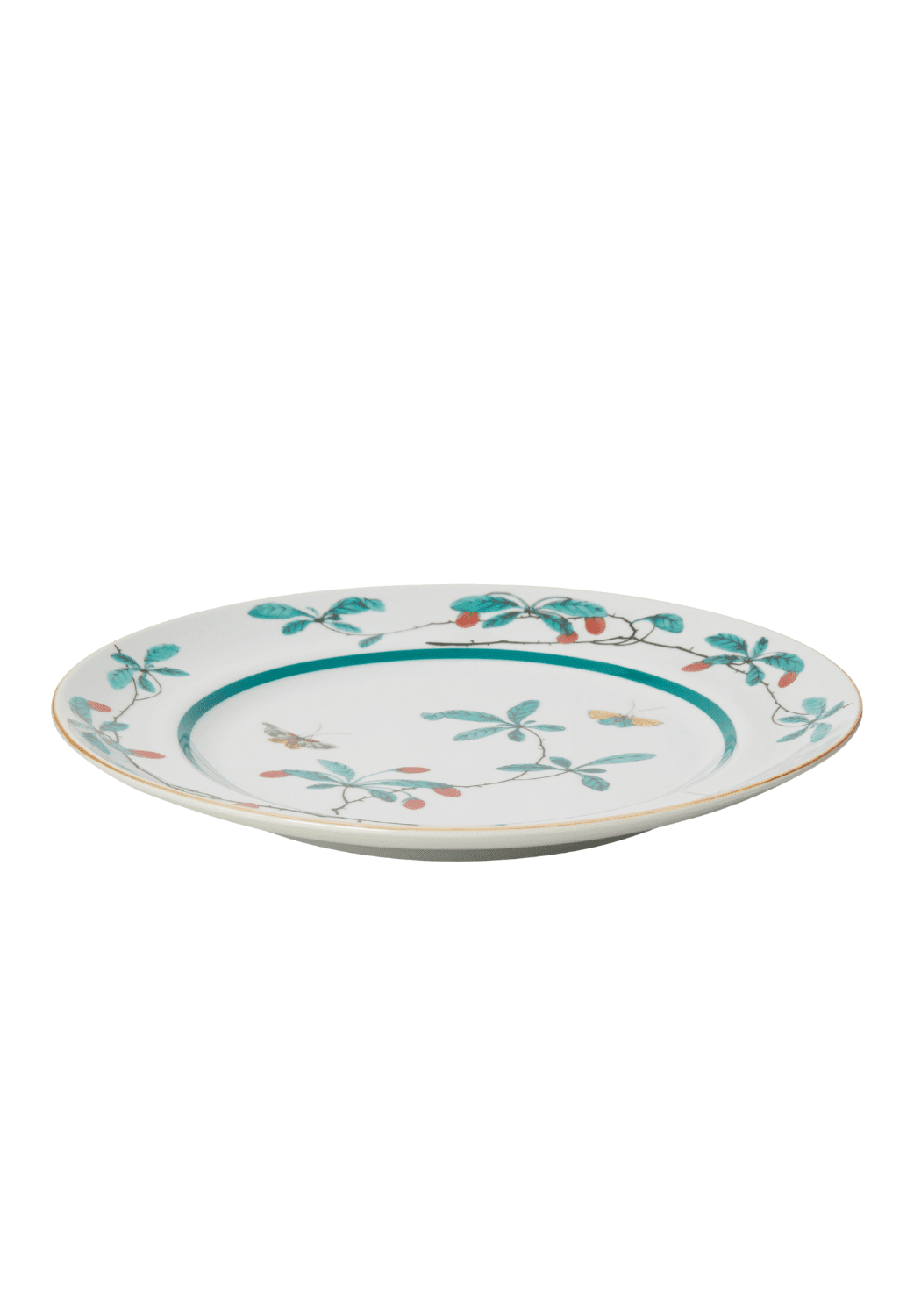 White ceramic famille verte dessert plate set of 4 with green leaf red berry motifs and teal rim