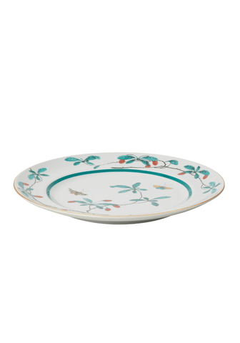 White ceramic famille verte dessert plate set of 4 with green leaf red berry motifs and teal rim