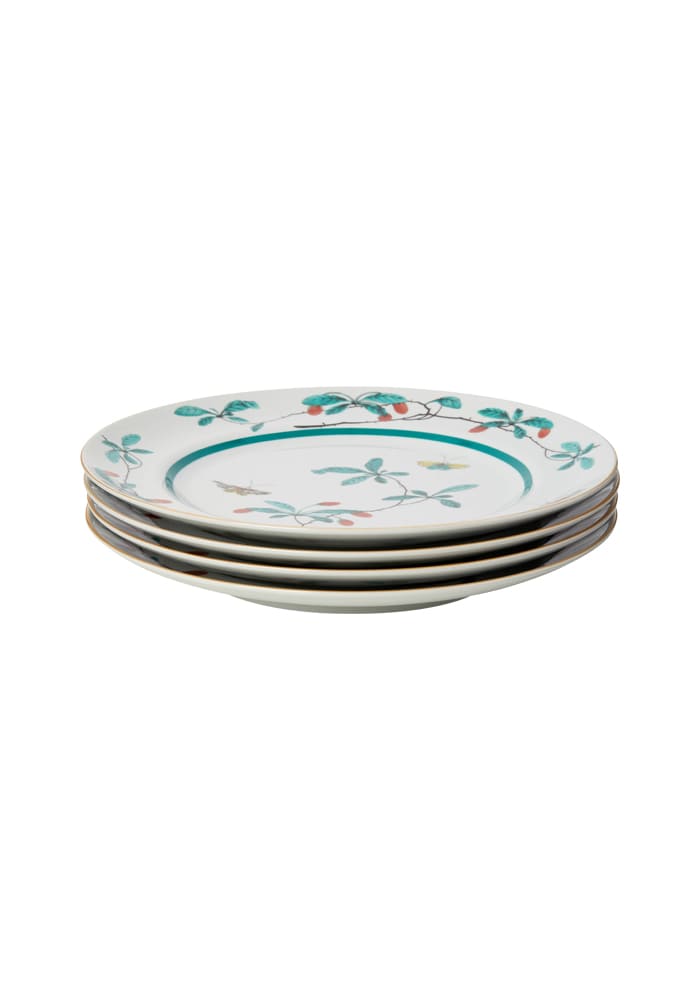 Stack of white ceramic famille verte dinner plates set of 4 with green red botanical patterns and teal rim