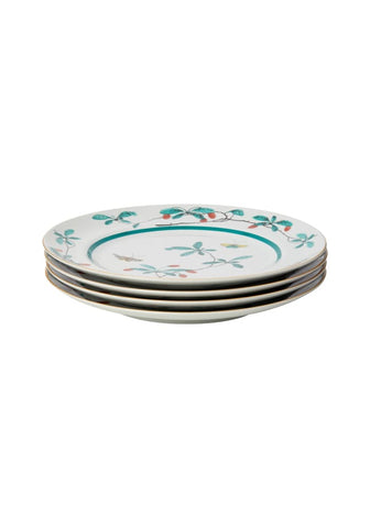 Stack of white ceramic famille verte dinner plates set of 4 with green red botanical patterns and teal rim
