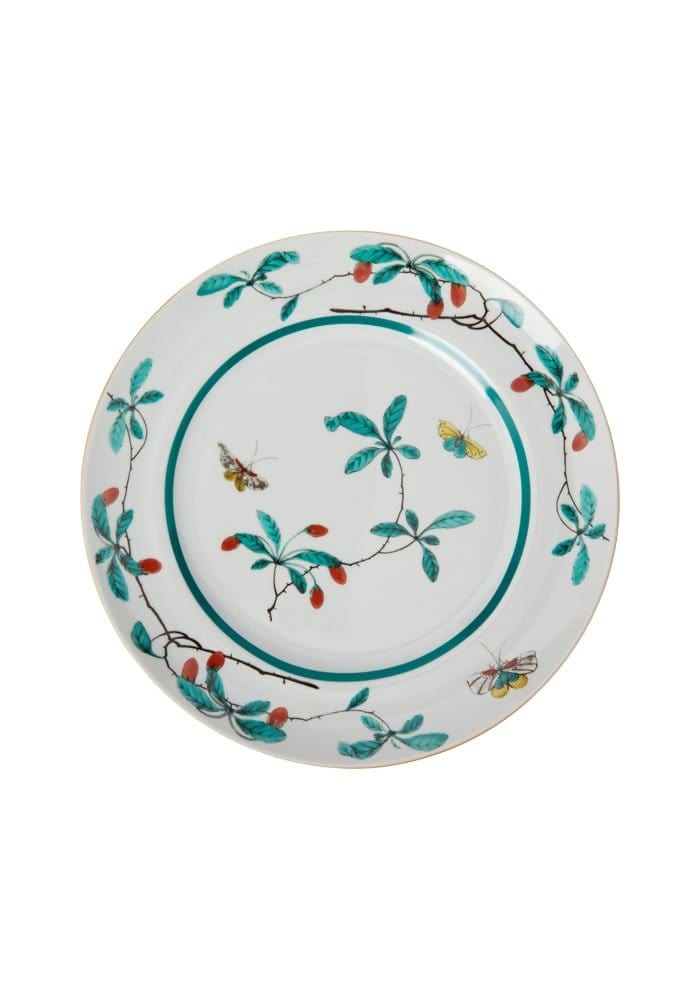 A famille verte dinner plates set of 4 with white porcelain and hand painted green leaves red berries and yellow butterflies