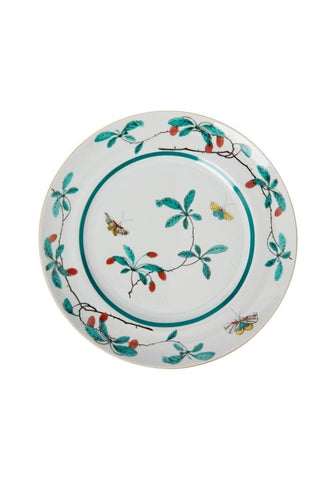 A famille verte dinner plates set of 4 with white porcelain and hand painted green leaves red berries and yellow butterflies