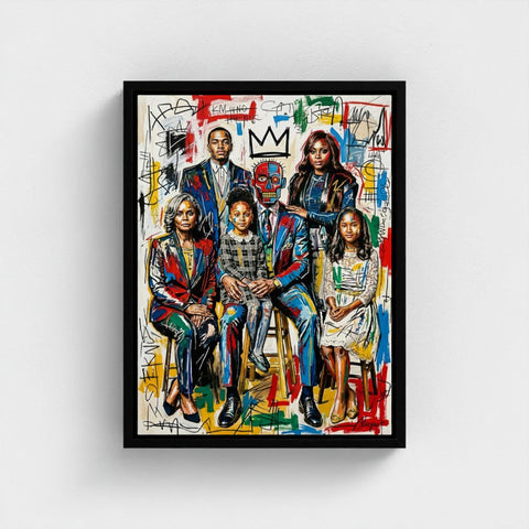 A vibrant framed print family portrait with bold graffiti style, colorful abstract splashes, and a central crown motif