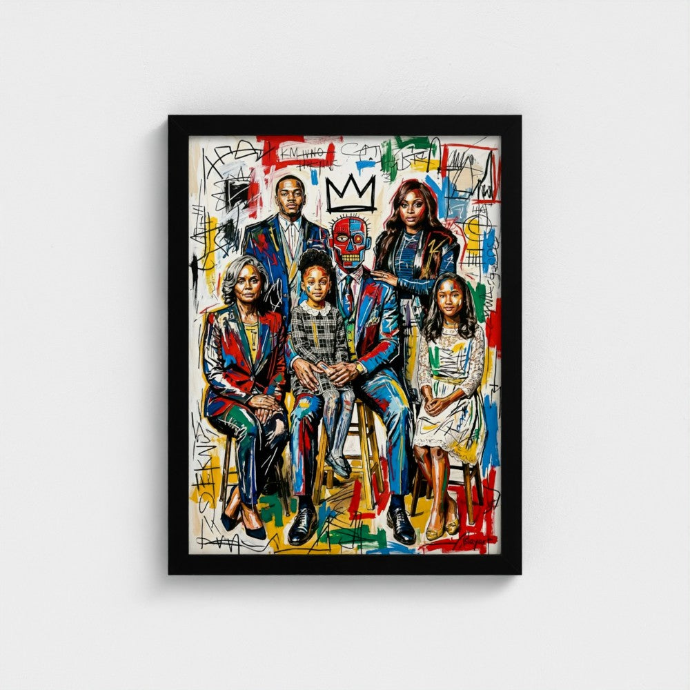 Vibrant framed canvas family ties print with bold graffiti art and a central figure wearing a red mask