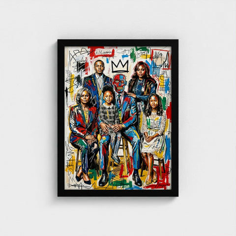 Vibrant framed canvas family ties print with bold graffiti art and a central figure wearing a red mask