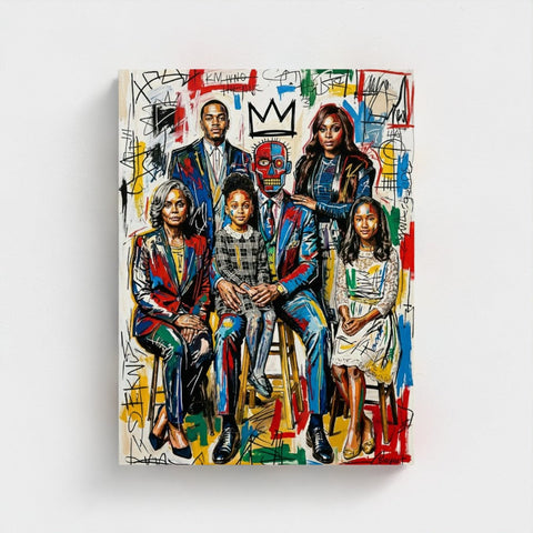 Vibrant family ties framed canvas with graffiti style bold colors and expressive brushstrokes for wall decor