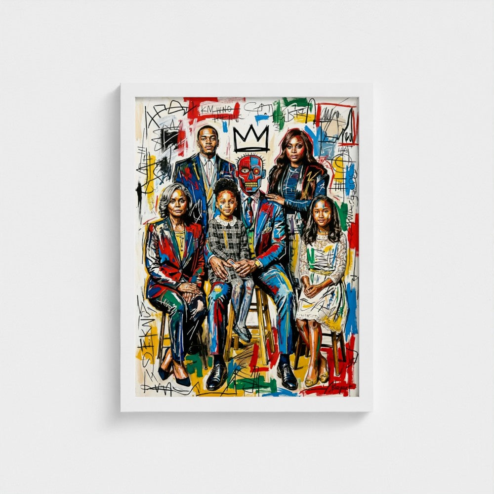 Vibrant graffiti-styled family portrait in a white frame perfect as a framed print or framed canvas for home decor