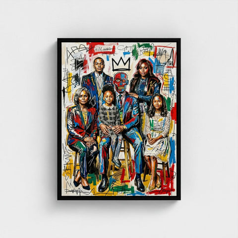 Vibrant graffiti-styled family ties framed print in sleek black frame perfect for colorful wall decor