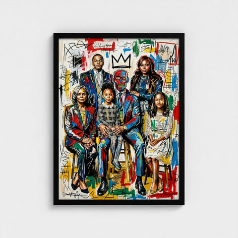 Vibrant family ties framed print with graffiti style art in a sleek black frame perfect for home decor