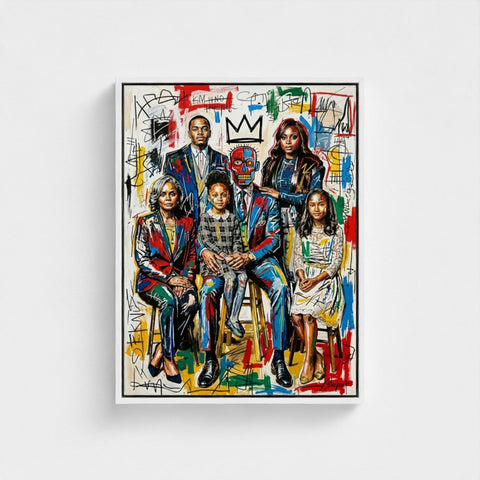 Vibrant graffiti-styled family ties framed print in a white frame perfect as a colorful framed canvas for home decor