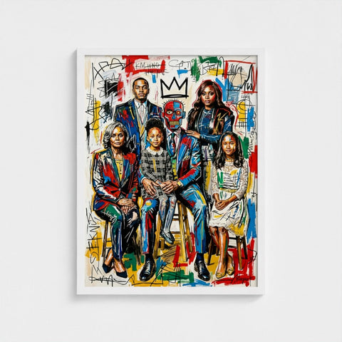 A vibrant graffiti-styled family ties framed print in a white frame perfect for colorful wall decor