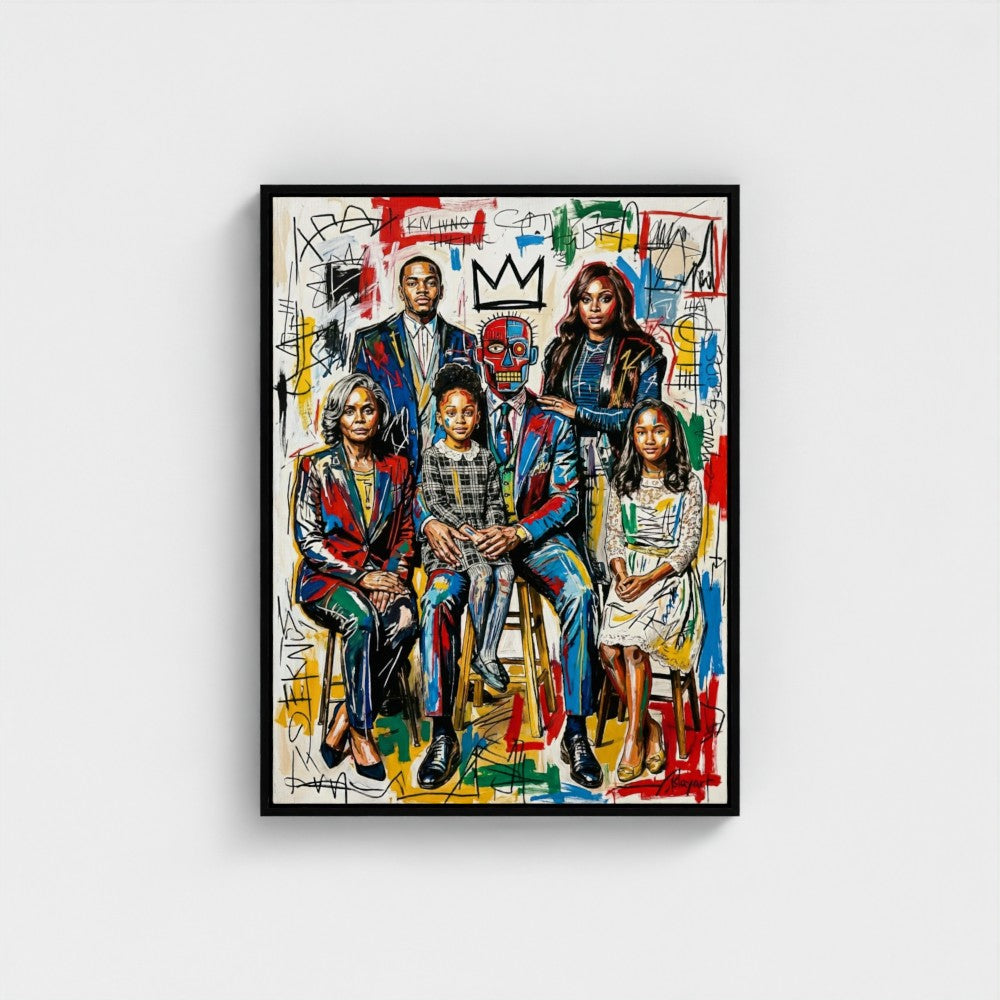 Vibrant graffiti-styled family ties framed print in sleek black frame perfect as a colorful framed canvas art piece