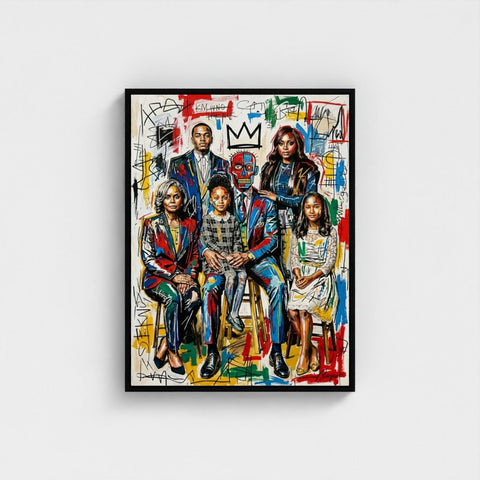 Vibrant graffiti-styled family ties framed print in sleek black frame perfect as a colorful framed canvas art piece