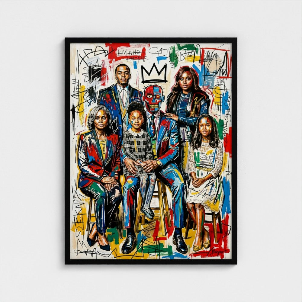 A vibrant graffiti-styled family portrait in a black frame perfect as a framed print or framed canvas titled family ties