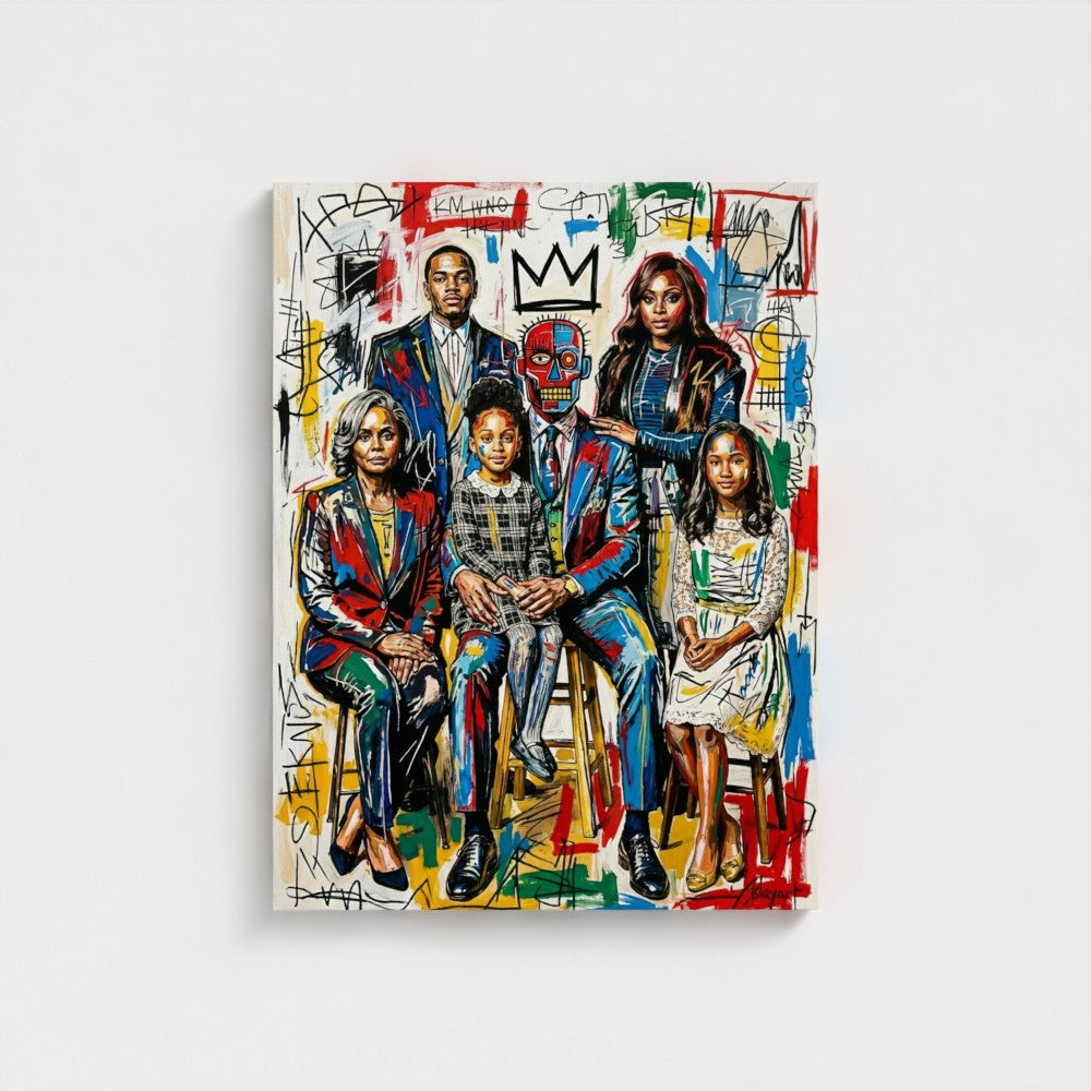 Vibrant graffiti-style family ties framed canvas with bold colors and expressive brushstrokes for wall decor