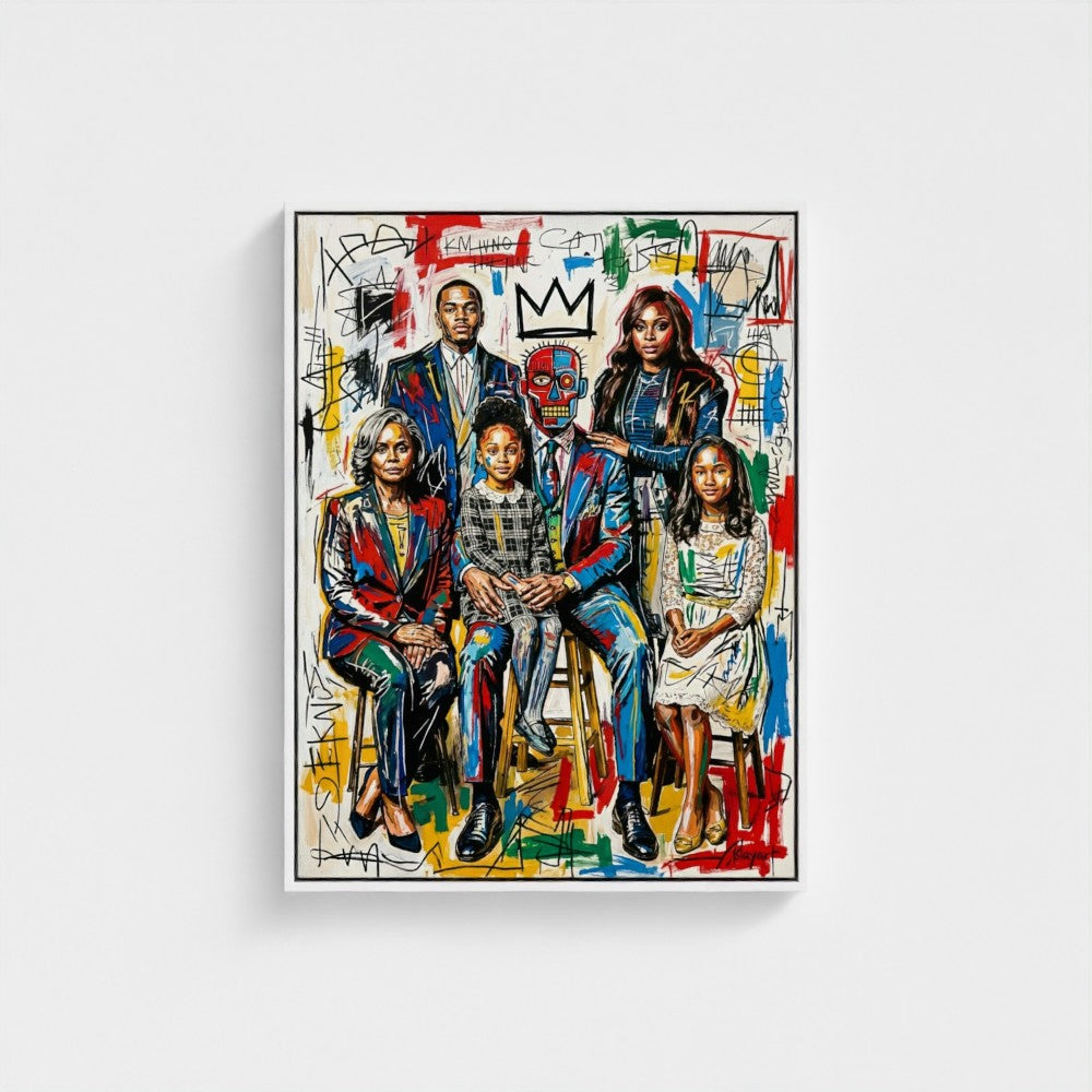 Family ties vibrant graffiti-styled framed canvas with bold reds blues yellows and crowned central figure