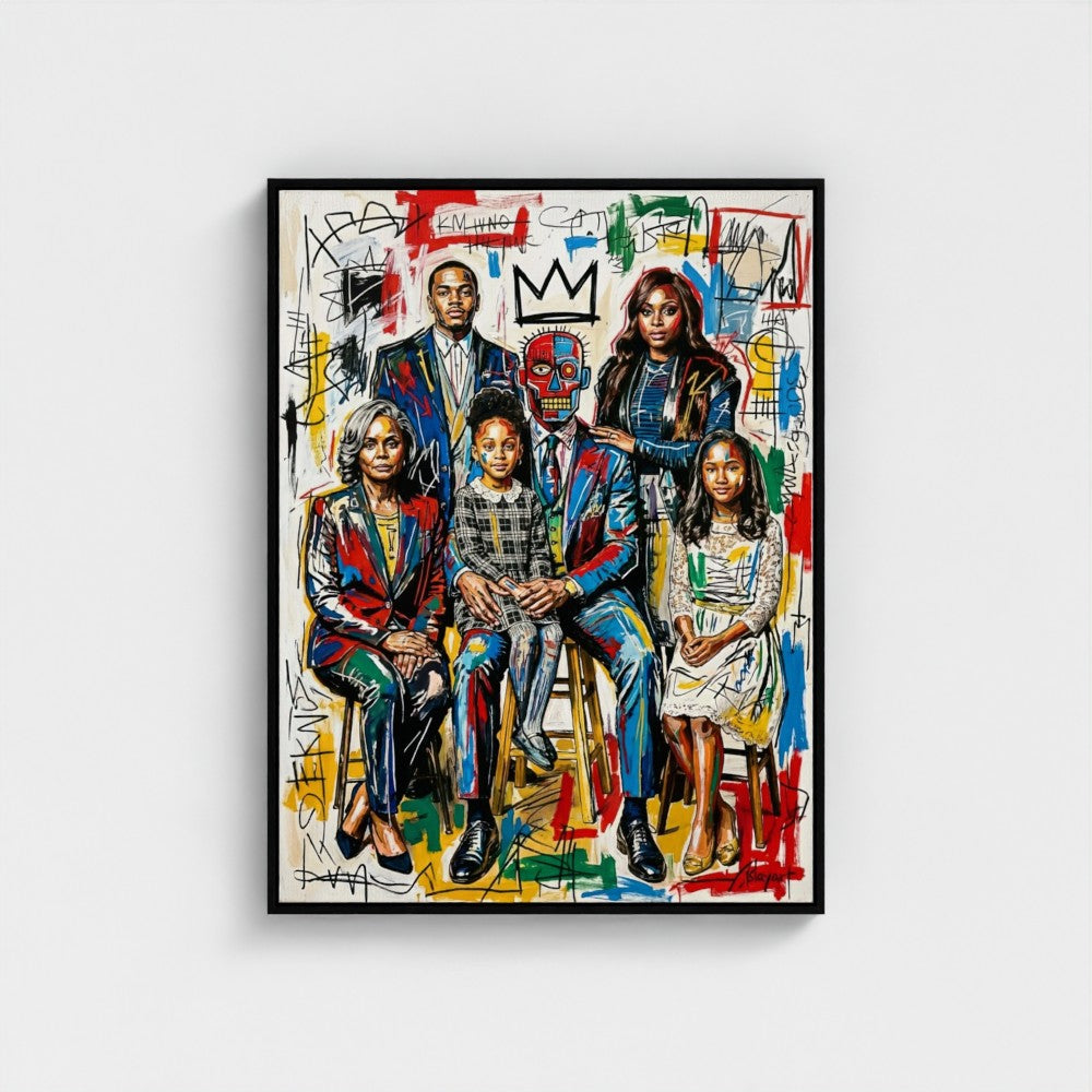 Vibrant graffiti-style family ties framed print with bold colors and abstract markings in a sleek black frame