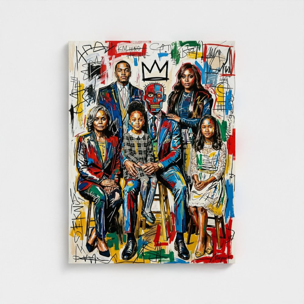 Vibrant family ties framed canvas with bold reds blues yellows and central figure in red and blue skull mask