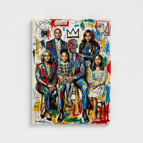 Vibrant family ties framed canvas with bold reds blues yellows and central figure in red and blue skull mask
