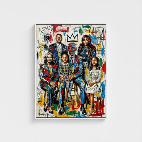 Vibrant graffiti-style family ties framed print with bold colors and abstract markings in a white frame