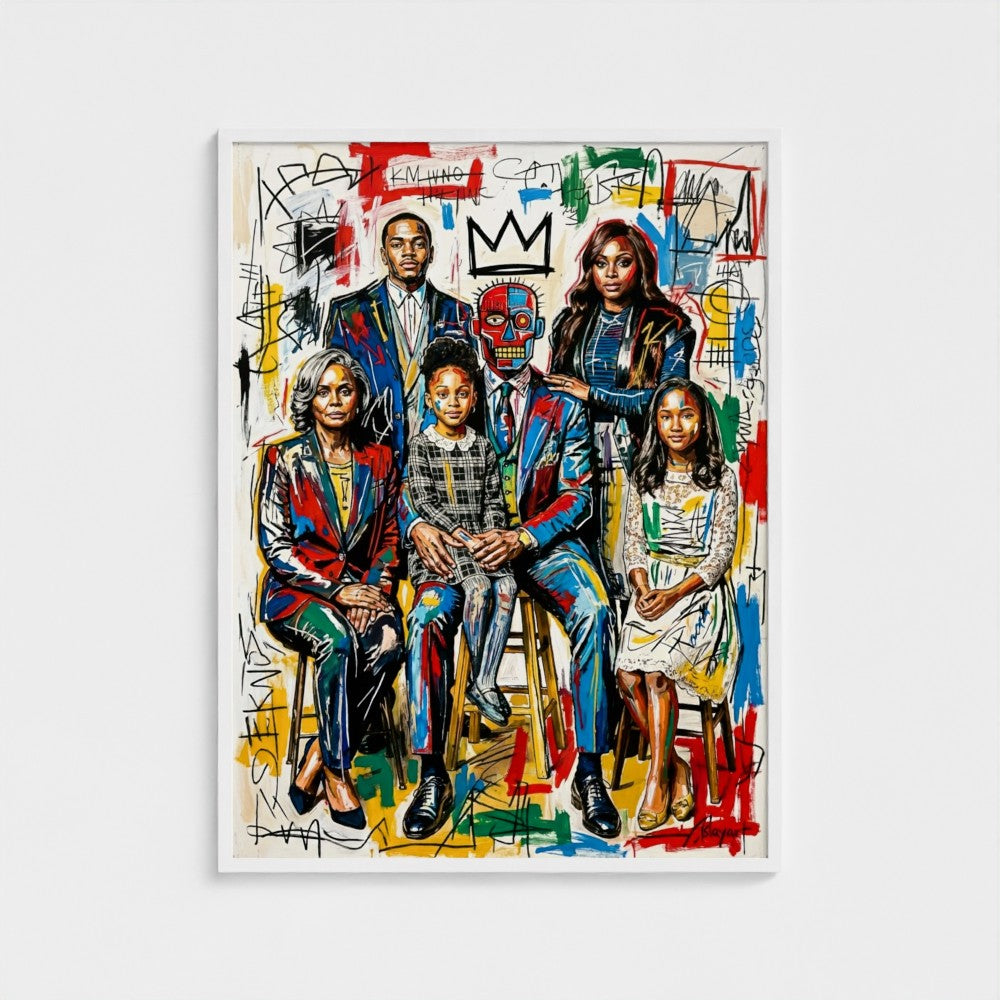 Vibrant graffiti-style family ties framed print in white frame with bold red blue yellow and red skull mask design