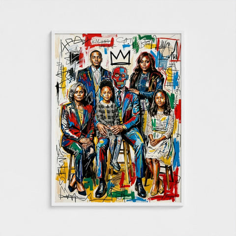 Vibrant graffiti-style family ties framed print in white frame with bold red blue yellow and red skull mask design