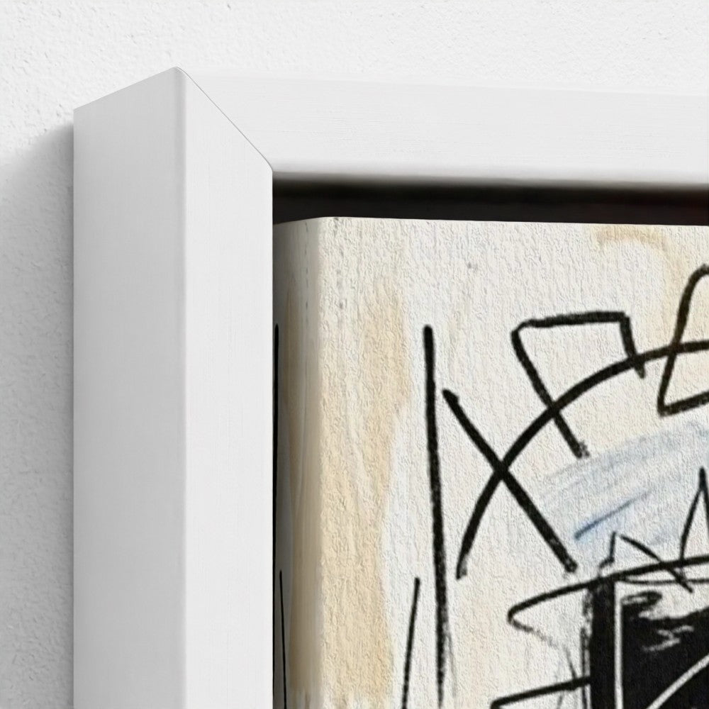 Abstract family ties framed canvas with bold black ink strokes on textured off-white surface for modern decor