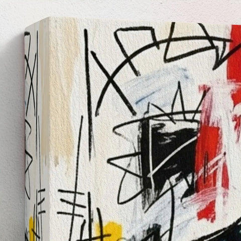 Framed canvas abstract painting family ties with bold black red and yellow brushstrokes on textured off-white background