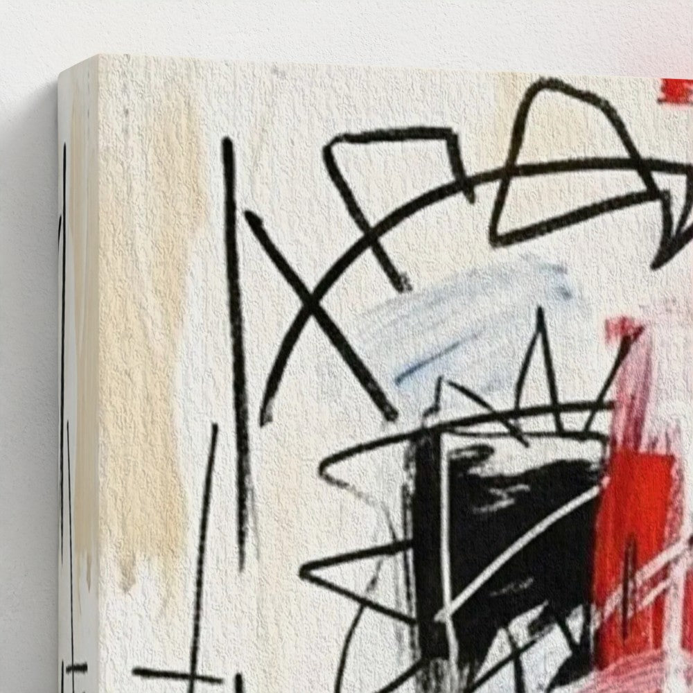 Abstract canvas painting family ties with bold black lines and vibrant red and blue brushstrokes on off-white background framed print