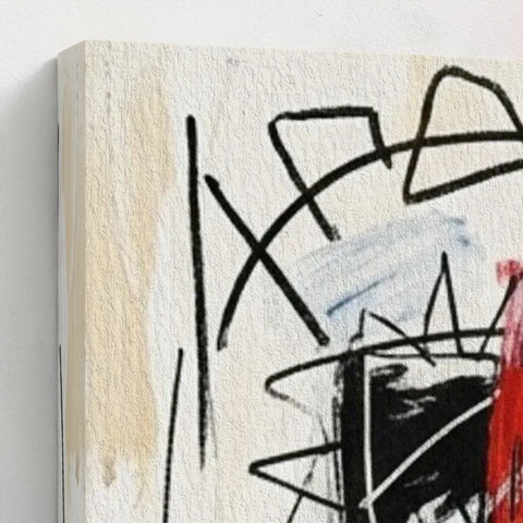 Abstract canvas framed print family ties with bold black lines and red blue splashes on textured off-white wood surface