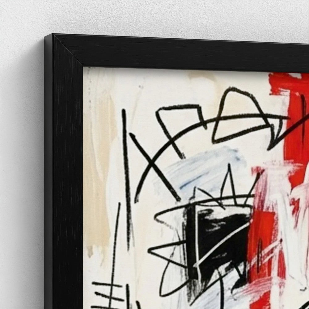 Abstract painting titled family ties with bold red brushstrokes in a sleek black framed print on textured off-white background
