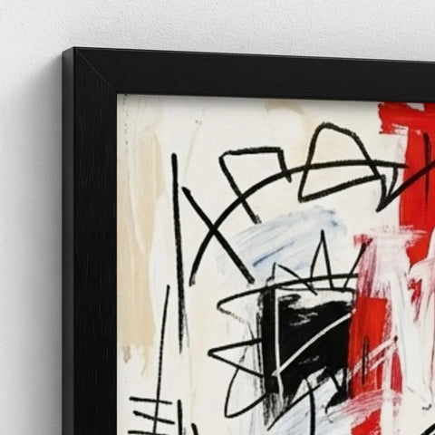 Abstract painting titled family ties with bold red brushstrokes in a sleek black framed print on textured off-white background