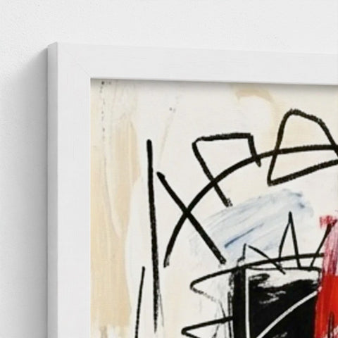 Abstract painting titled family ties with bold black lines on beige blue and red background in a framed print