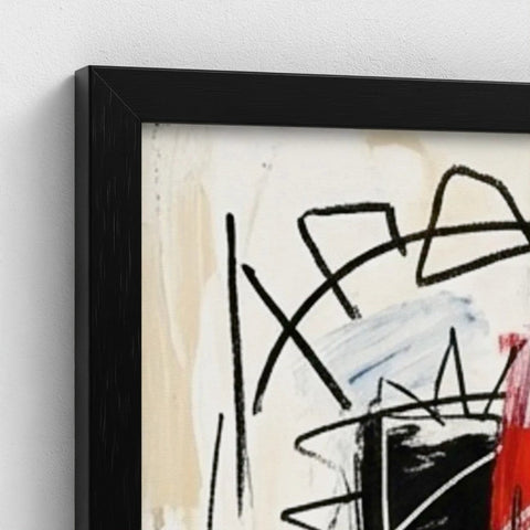 Family ties framed canvas with bold black red and blue brushstrokes on textured off-white background
