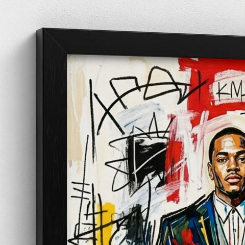 Framed print of stylized man in suit with bold red white and black brushstrokes titled family ties artwork