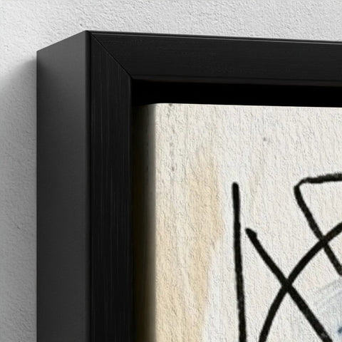 Black framed canvas art titled family ties with abstract black lines on textured off-white background framed canvas