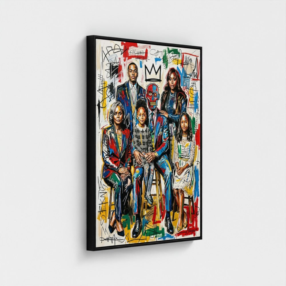 Black-framed canvas artwork family ties featuring vibrant graffiti-style portrait with bold colors framed print