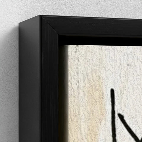 Black framed canvas art titled family ties with textured beige white background and bold black brushstrokes framed print