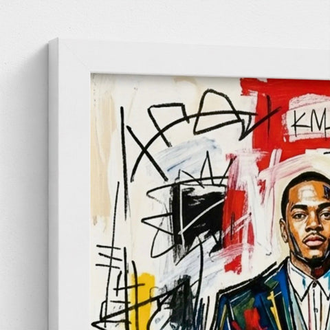 A vibrant abstract portrait of a man in a colorful suit with graffiti accents on a framed canvas titled family ties