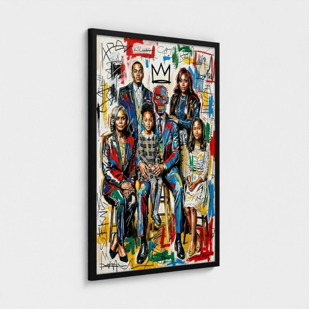 Framed canvas featuring a vibrant family ties portrait with colorful abstract graffiti-inspired background