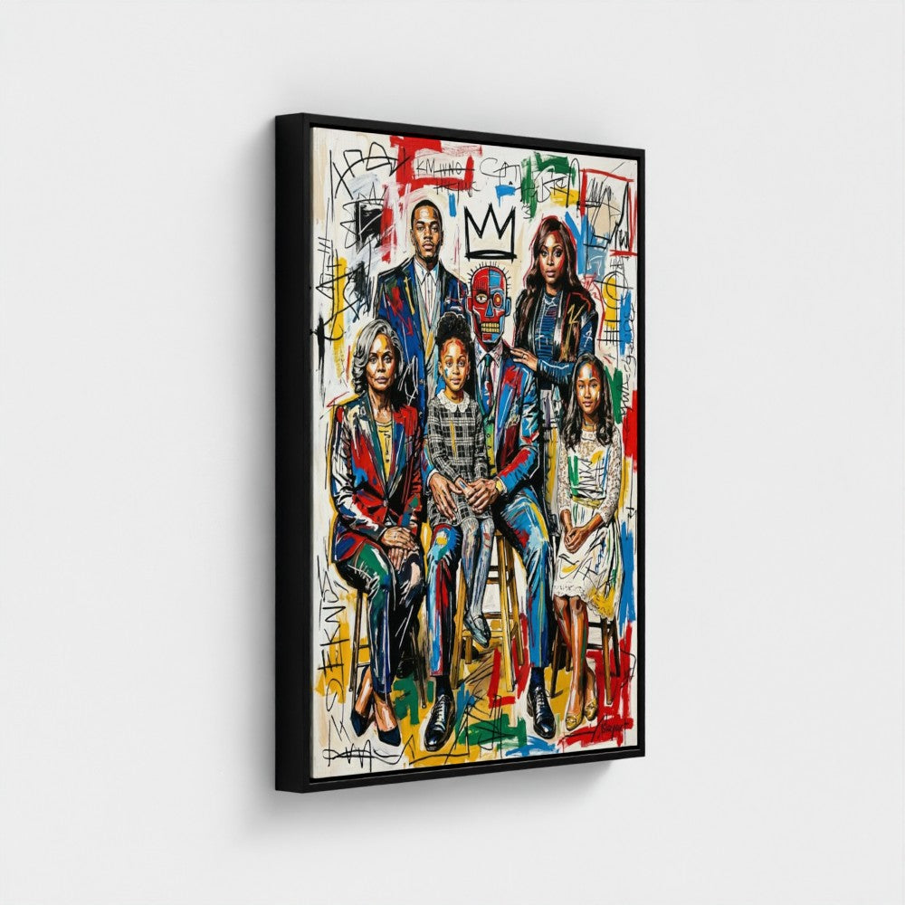A vibrant framed canvas family ties print with bold graffiti style and colorful abstract elements