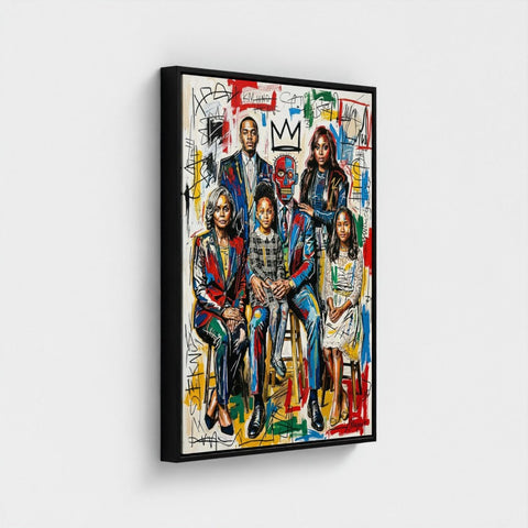 A vibrant framed canvas family ties print with bold graffiti style and colorful abstract elements