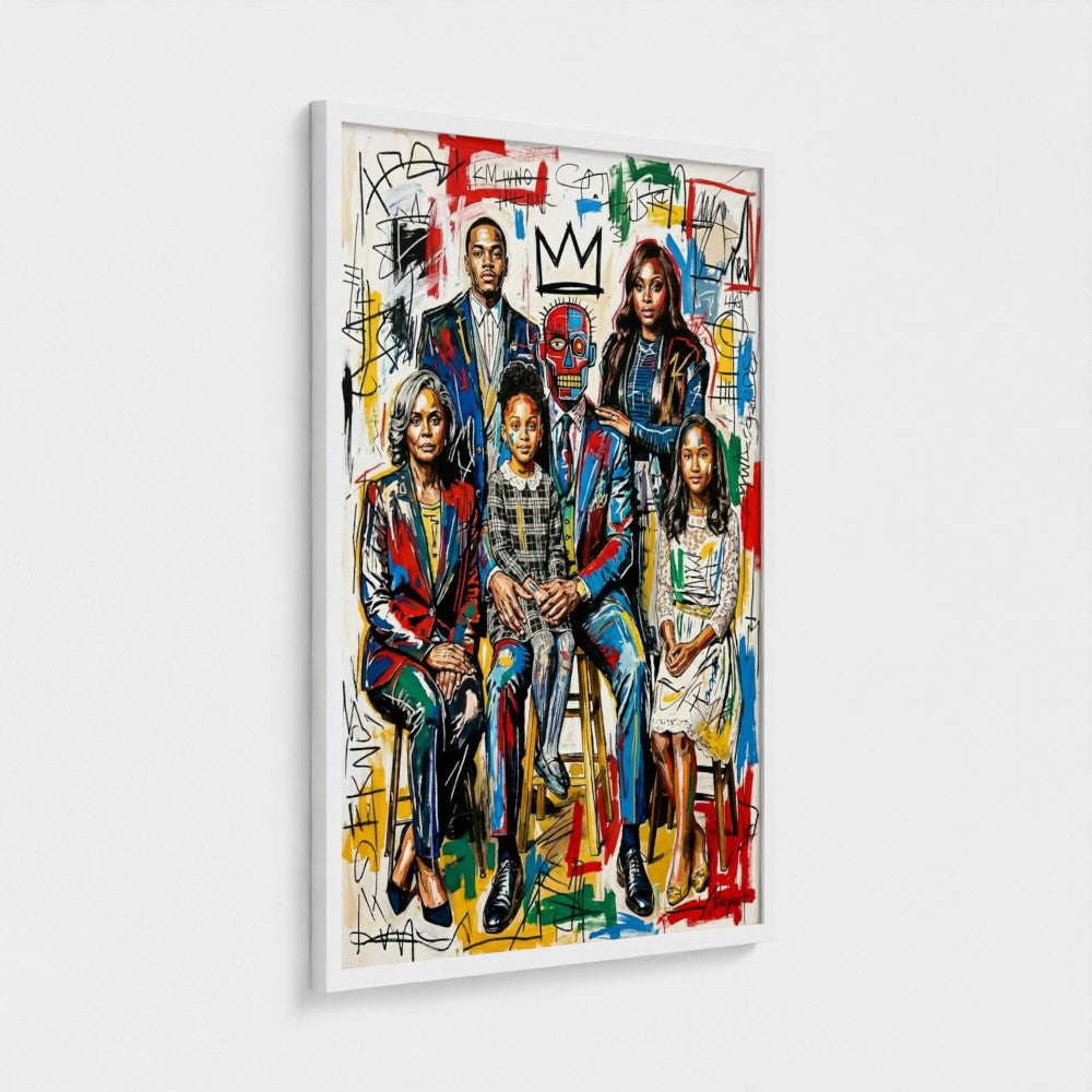 A vibrant graffiti-style family portrait framed print with bold colors and abstract markings perfect for home decor