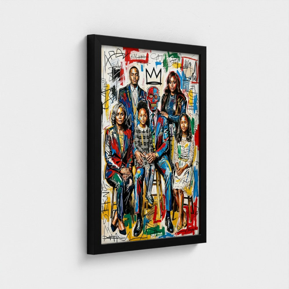 A vibrant graffiti-style family portrait on a bold colorful framed canvas perfect for modern home decor