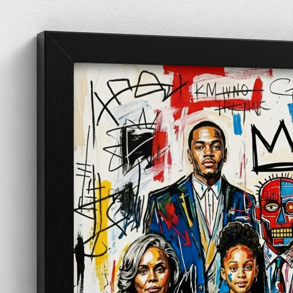 Framed canvas featuring a vibrant family ties portrait of a man in blue suit with colorful abstract graffiti style art