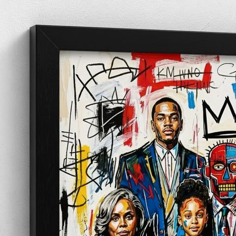Framed canvas featuring a vibrant family ties portrait of a man in blue suit with colorful abstract graffiti style art