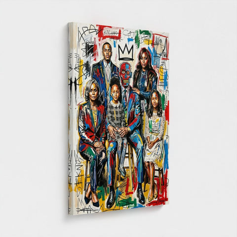 Vibrant family ties framed canvas featuring graffiti-style portrait with bold colors and abstract markings