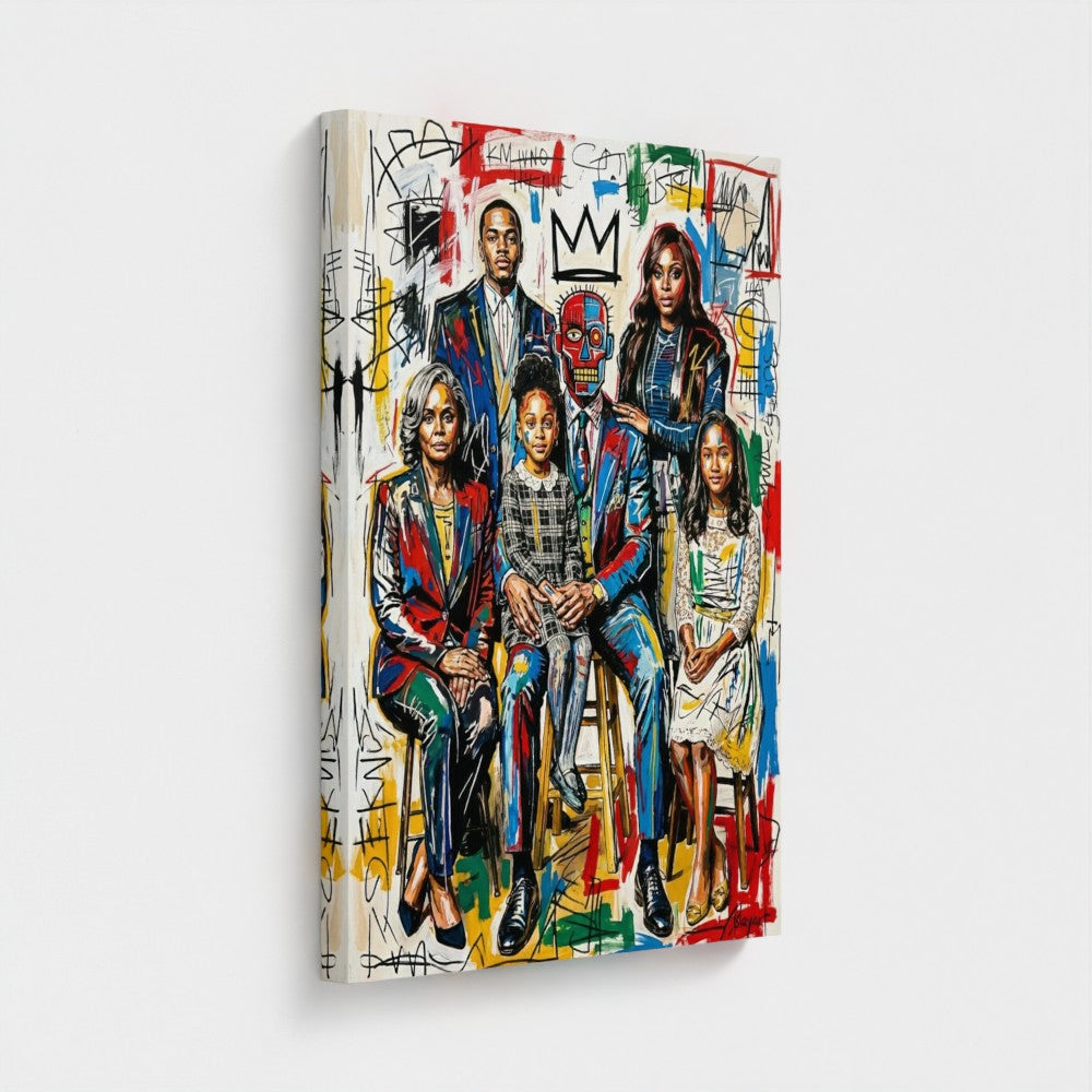 Vibrant family ties framed canvas print with bold colors and abstract graffiti style for modern home decor