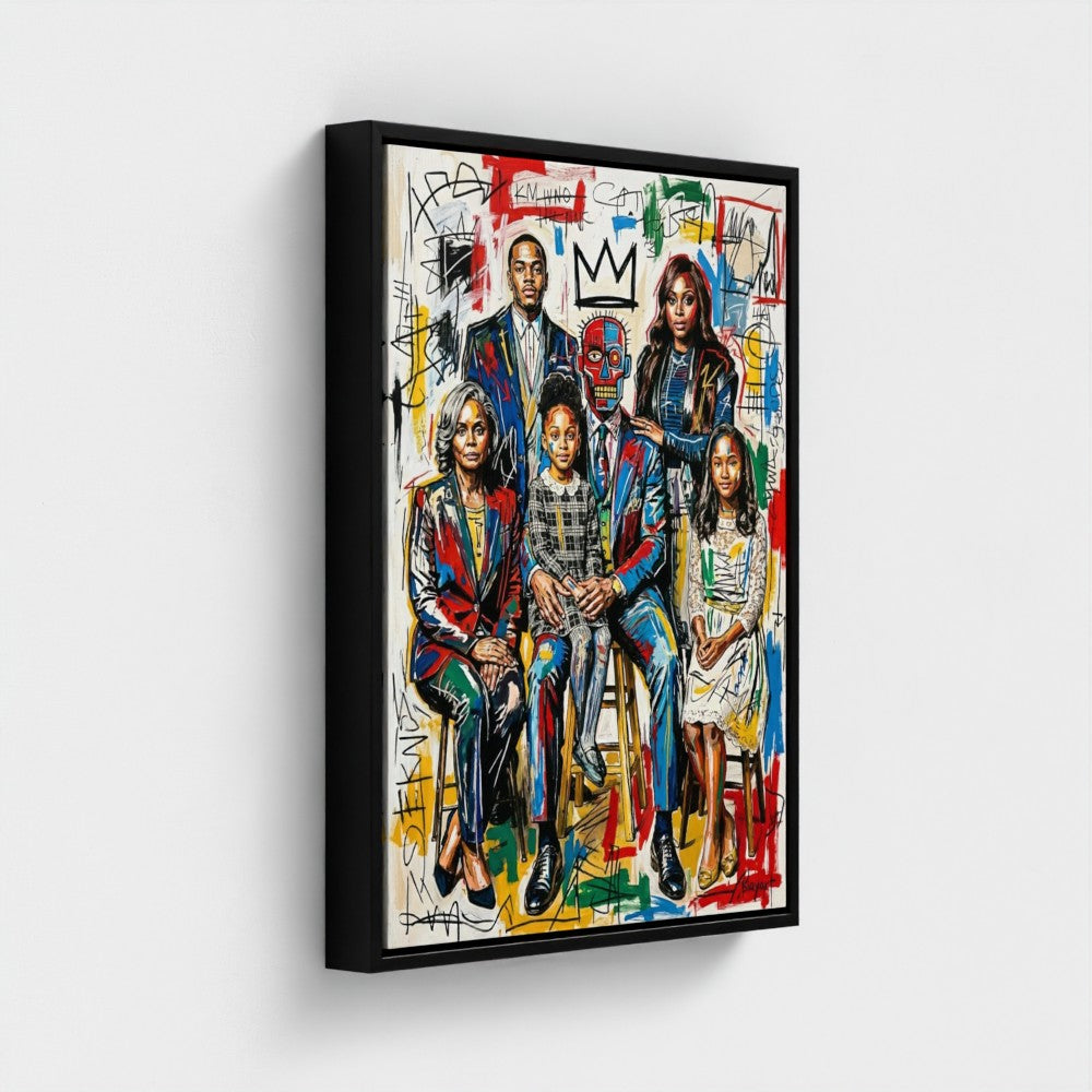 Vibrant family ties framed canvas with graffiti style art in a sleek black frame perfect for modern home decor