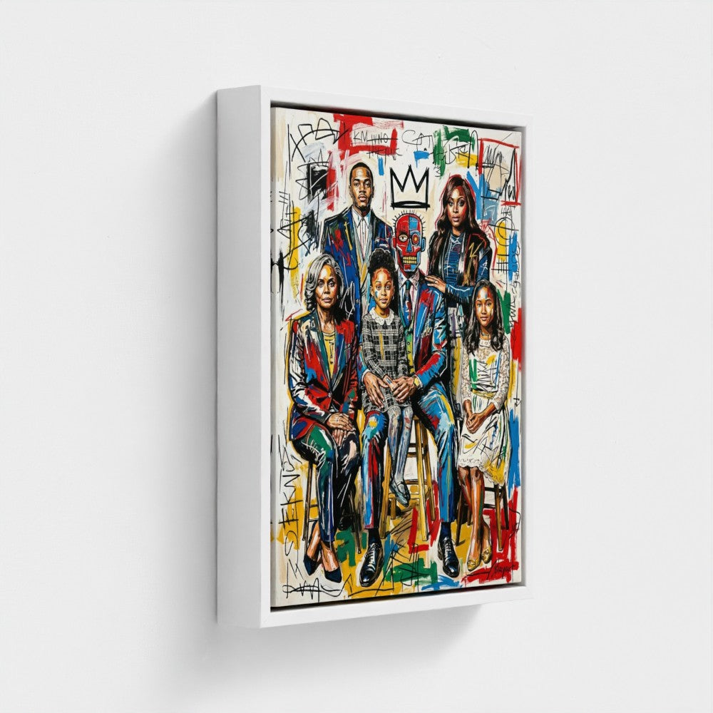 Vibrant family ties graffiti-styled framed canvas print in a sleek white frame perfect for home decor